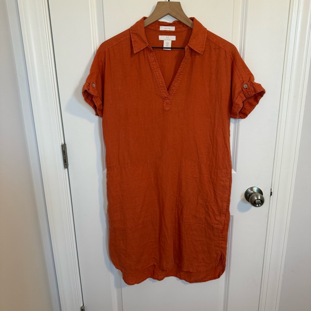 Halston 100% Linen‎ Size Medium Orange Shift Dress with Pockets Beach Coastal
